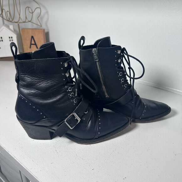 AllSaints Black Leather Lace-Up Ankle Boots Studded Buckle Moto Booties US 6.5-7 - Picture 2 of 8